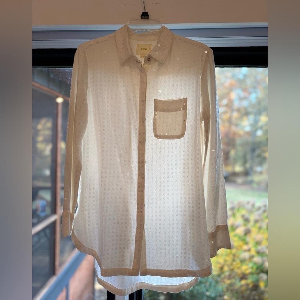 Anthropologie Maeve Ivory Sequins Button Down Tunic Shirt Holiday Oversized XS - Picture 3 of 7